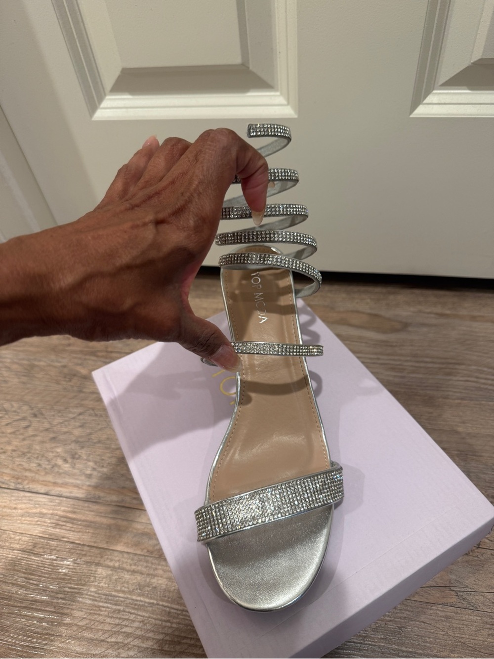 TOP Moda Rhinestone Spiral Silver Strappy Heel
